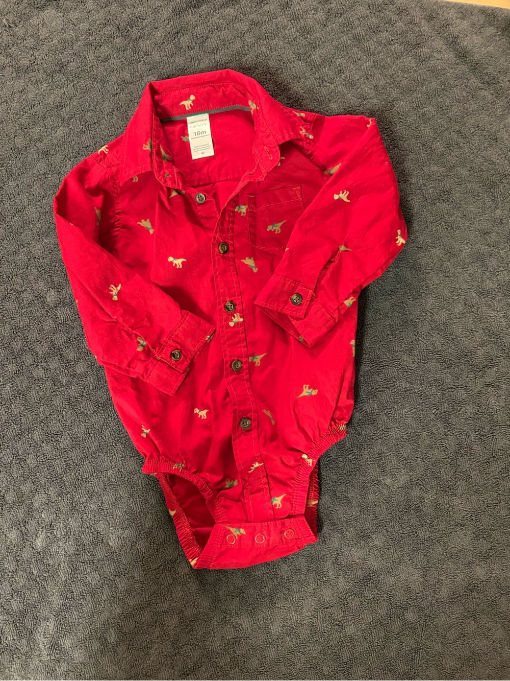 Carter's Red Button-Up One-Piece with‎ Dino Accents Size 18 months